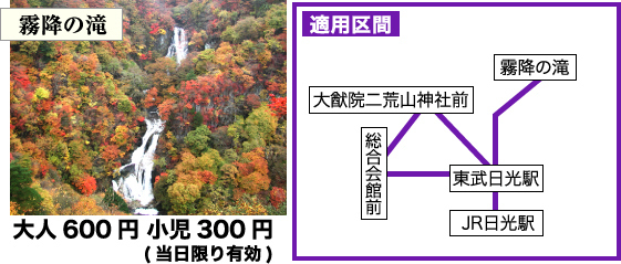 霧降の滝フリーパス 大人600円、小児300円(2日間有効)