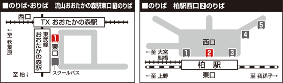 流山おおたかの森駅東口発車場所、柏駅西口発車場所